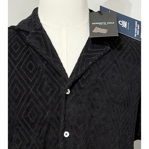 NEW Kenneth Cole Men's Terry Button Up Short Sleeve Shirt Black Resort Beach M - Picture 2 of 2